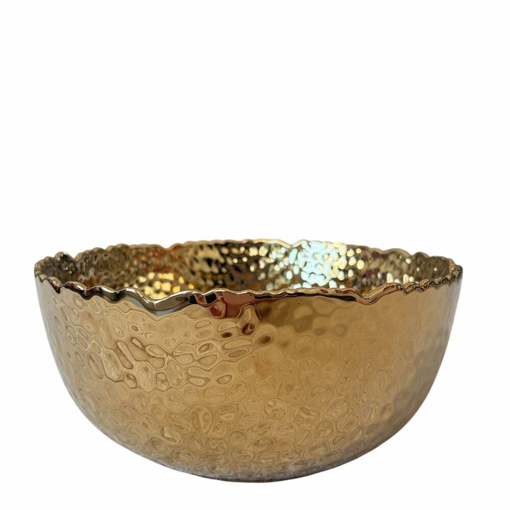 Hammered Gold Enameled Serving Bowl 8.5in Ceramic Chic Holiday Hosting NEW